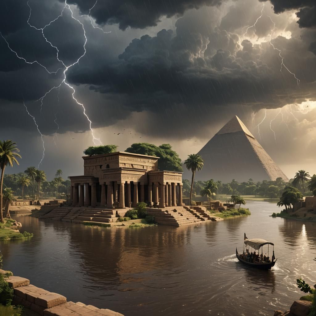 Egyptian Temple on the Nile in a Storm