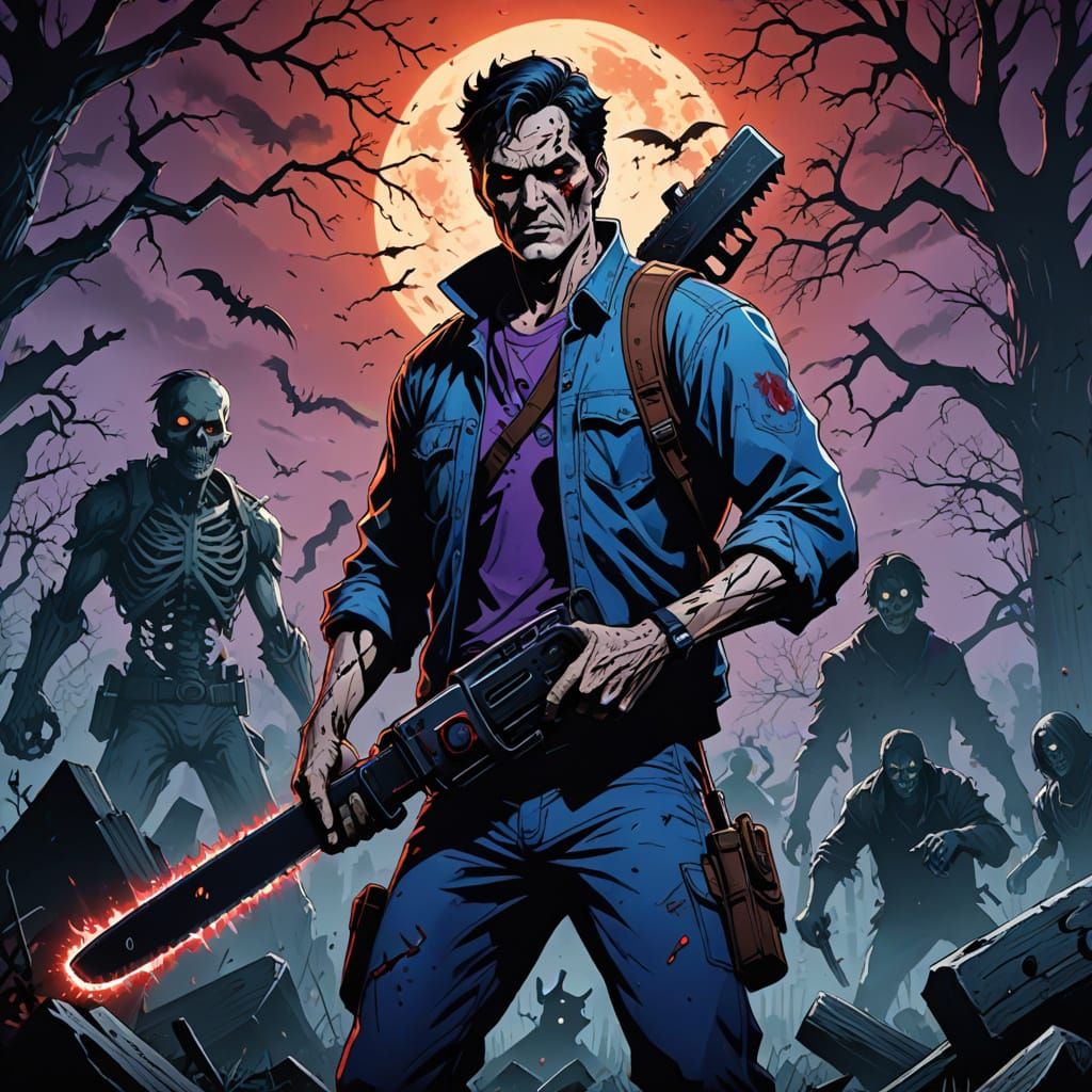 Ash Williams in Cyberpunk Anime Style as a Zombie