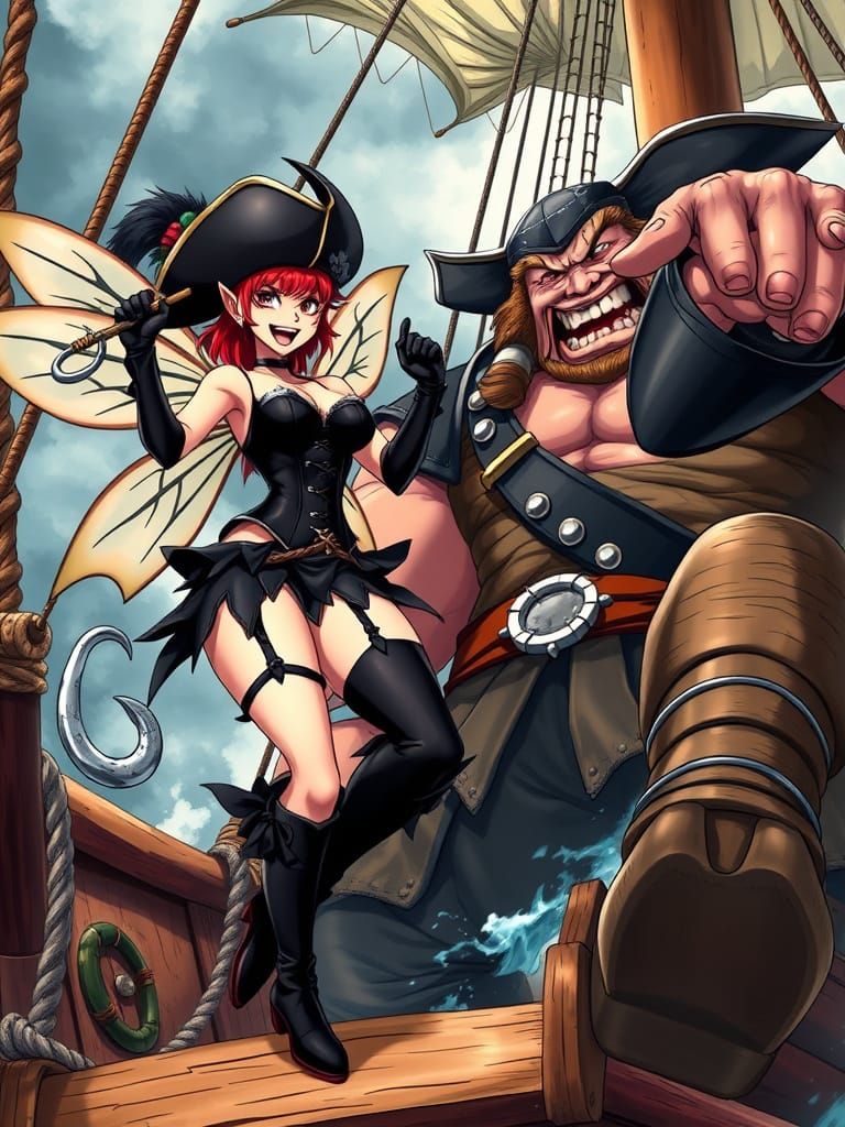 Mischievous Anime Fairy Mocks a Pirate Warrior in a Daring D...