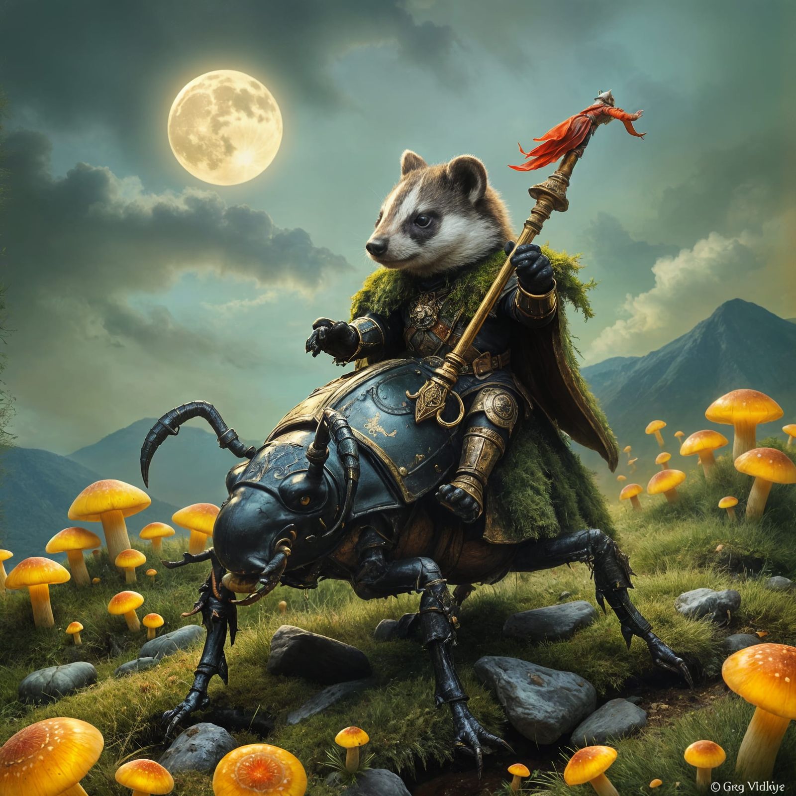 Whimsical Fantasy Badger Knight in Moonlit Mushroom Field