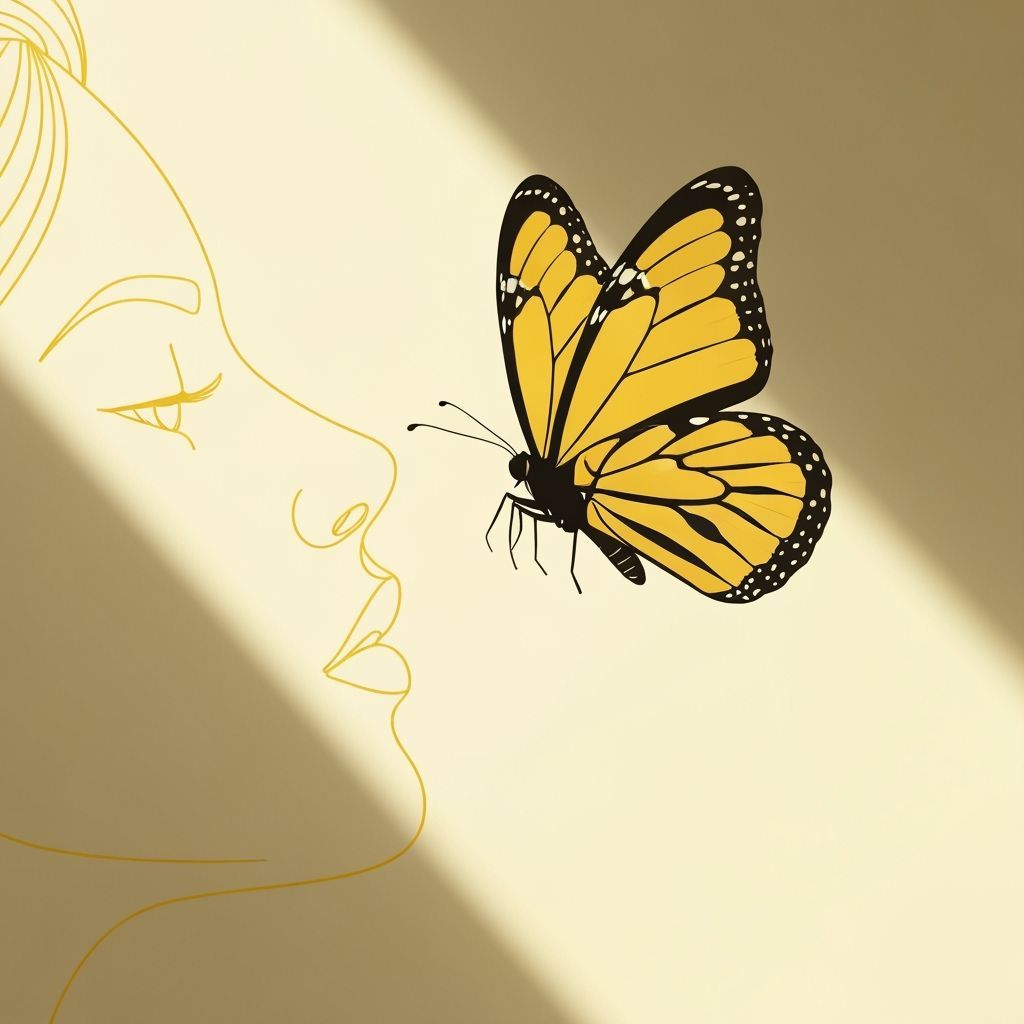 Delicate Female Face Silhouette With Yellow Butterfly Line A...
