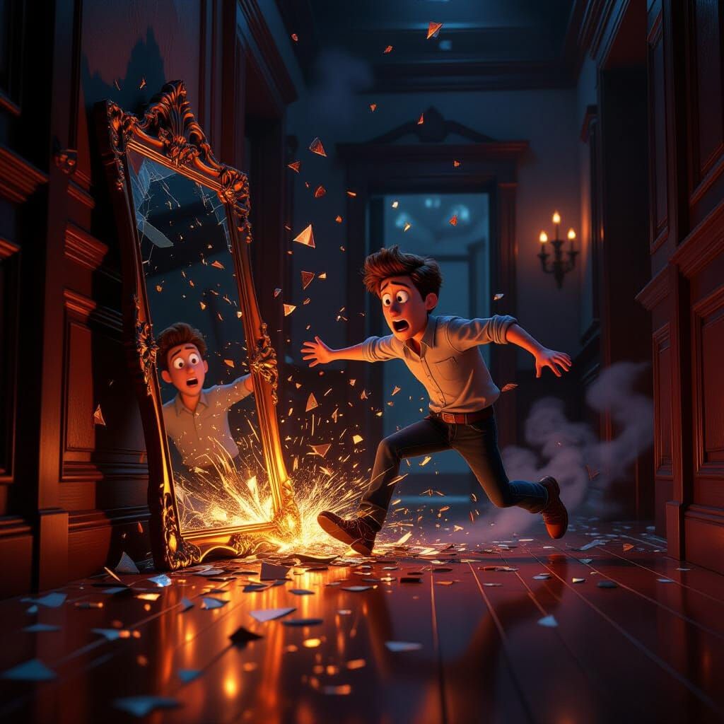 Pixar Style: Man Falls as Mirror Smashes