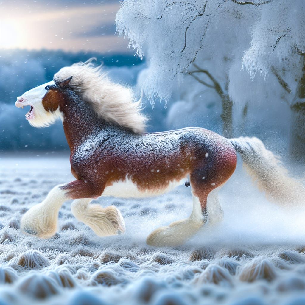 Clydesdale Horse Galloping Through Fresh Snow