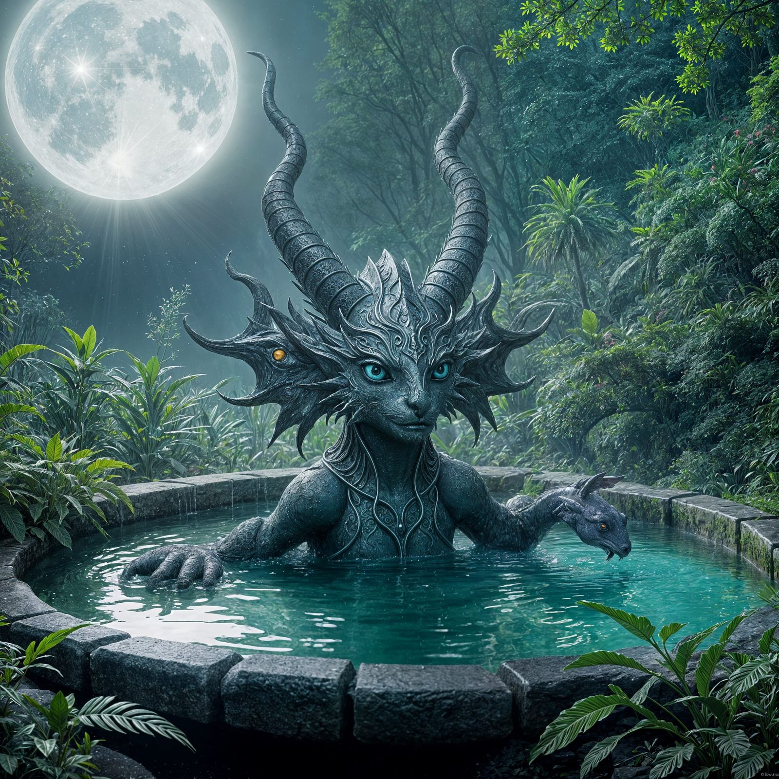Mystical Creature Bathing in Moonlit Pool: Fantasy Art