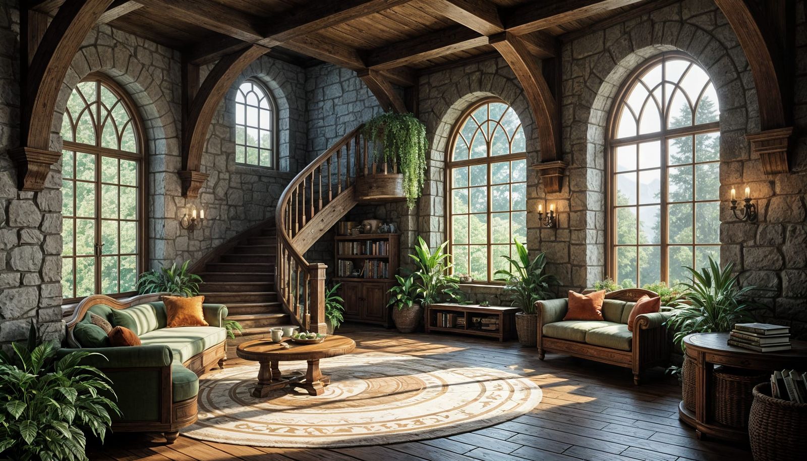 Elven Cottage Interior with Curving Stairway