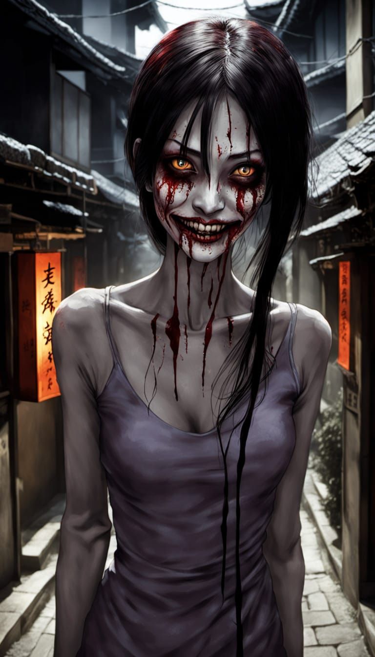 Grotesque Japanese Woman Haunts Dark Alleyway in Unsettling...
