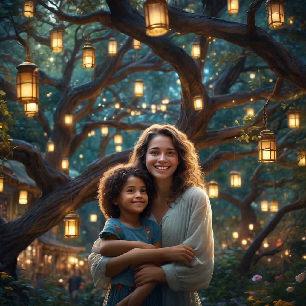 Happy Woman and Children in Fantasy Garden
