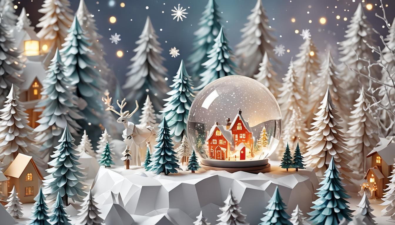 Cartoon Christmas Fantasy Crystal Snow Globe in Origami Styl...