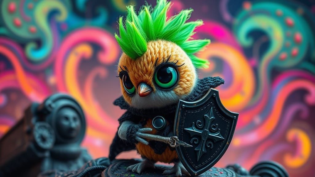 Chibi Gothic Bird Warrior in Whimsical Fantasy Landscape