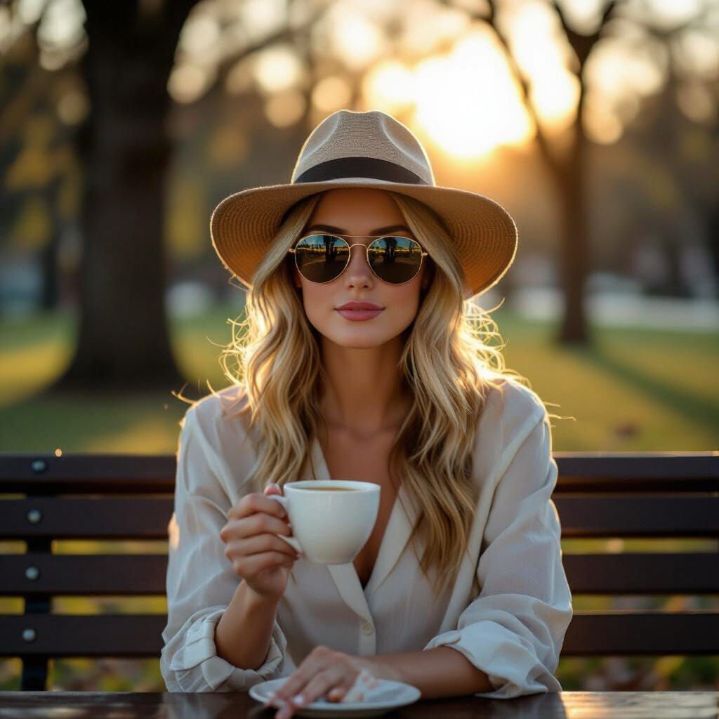 Woman with Coffee in Park: Naturalistic Portrait