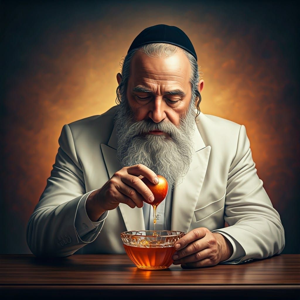 Hyperrealistic Orthodox Jew Dipping Apple in Honey