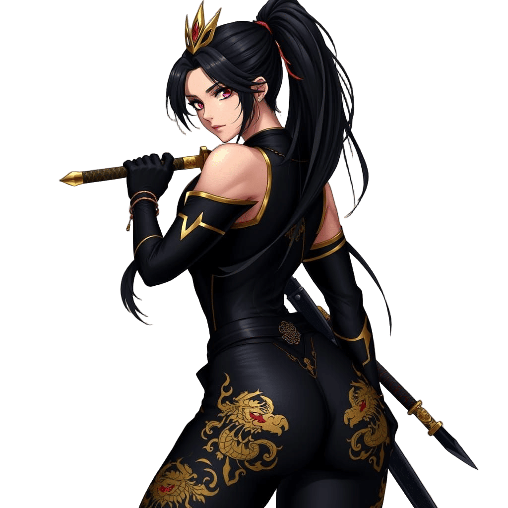 Busty Female Ninja in Black Skintight Suit with Golden Accen...