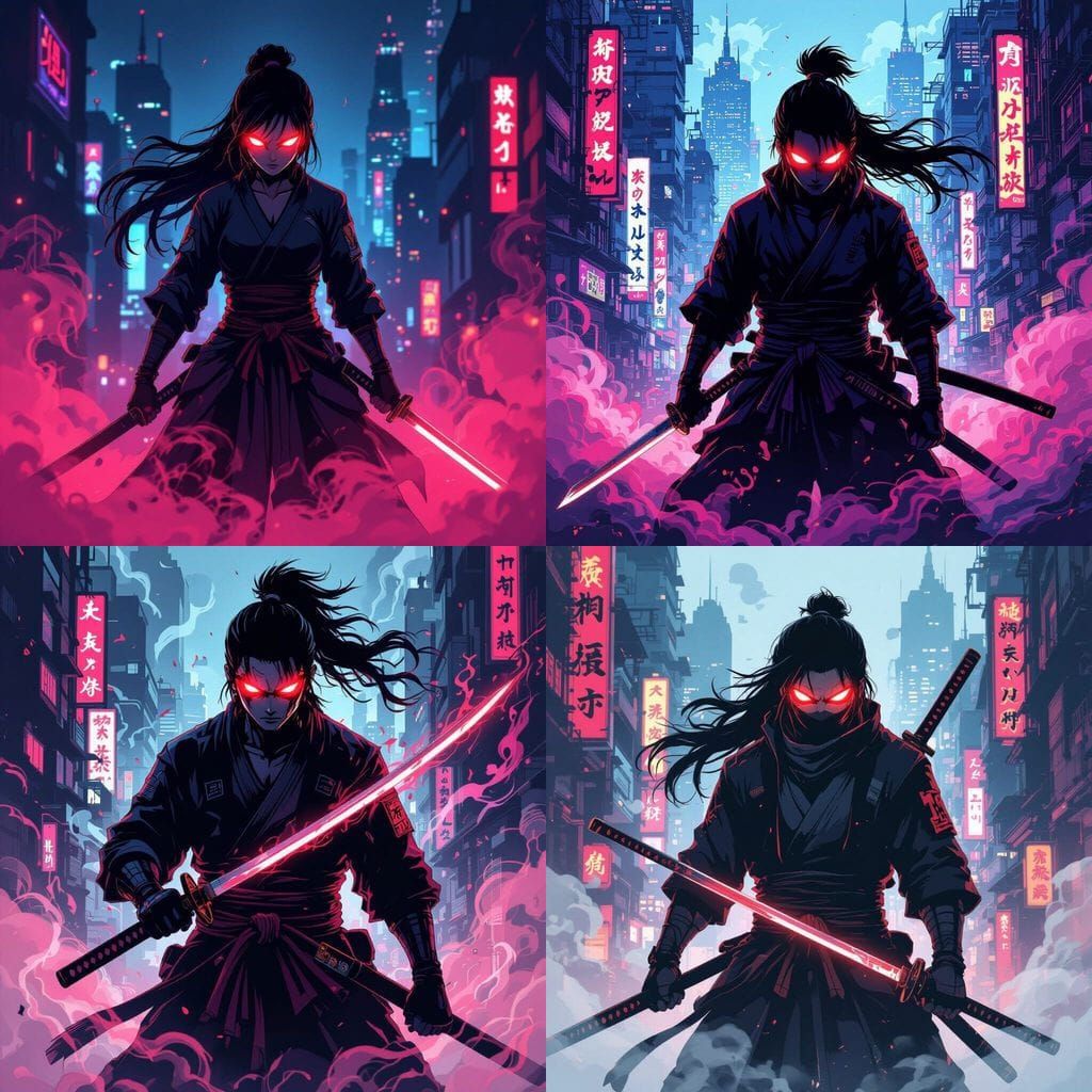 Anime Warrior Silhouette with Katana in Neon Cyberpunk City
