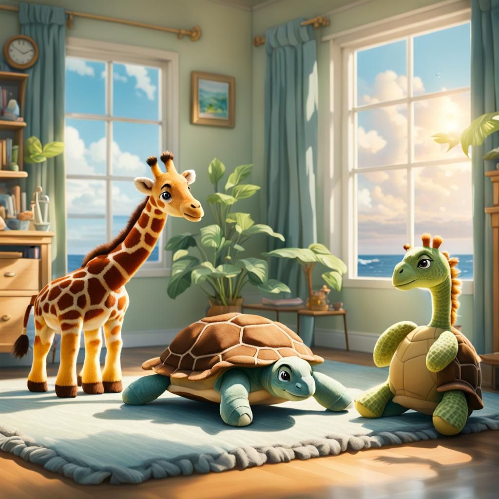 Giraffe and Turtle in Baby Room: Ghibli Style