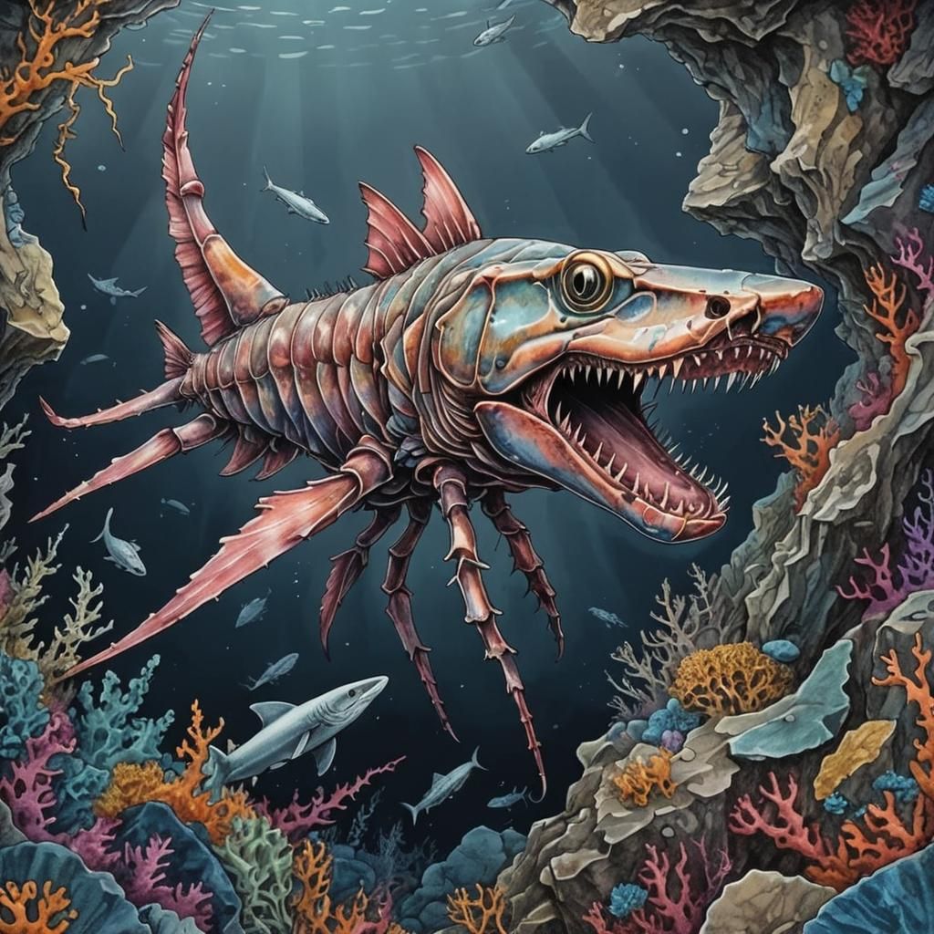 Shrimp-Shark Hybrid Creature in Deep Ocean Crevasse