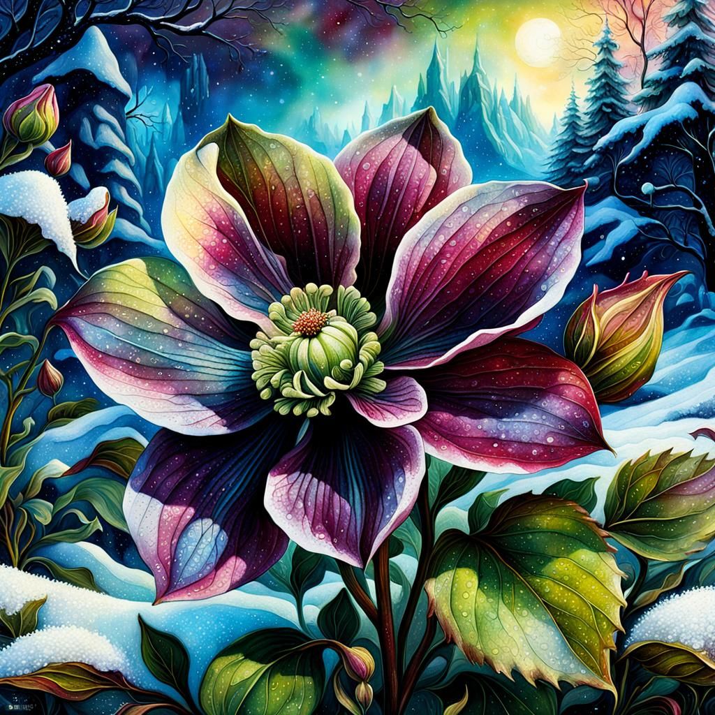 Fantasy Hellebore Blossom Scene in Vivid Oil and Ink