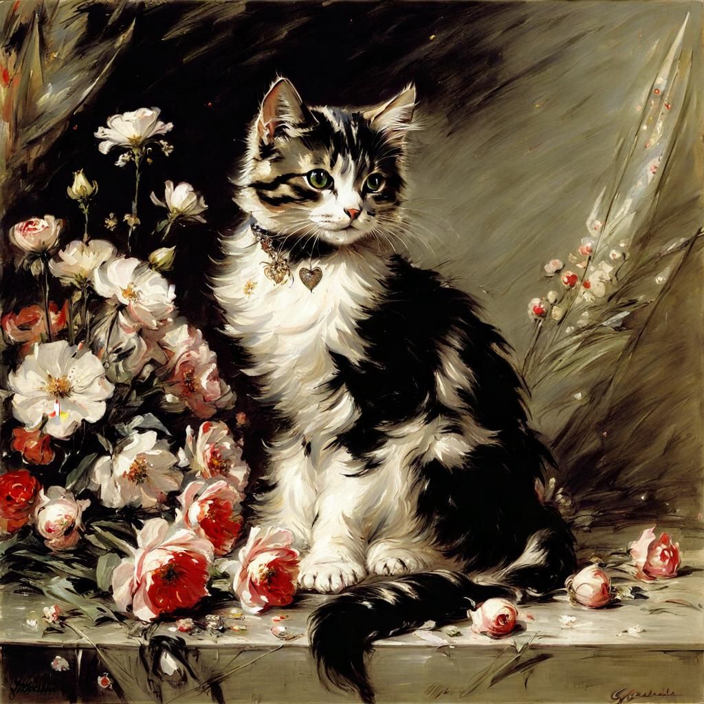 Cute Cat Surrounded by Flowers in Belle Époque Style
