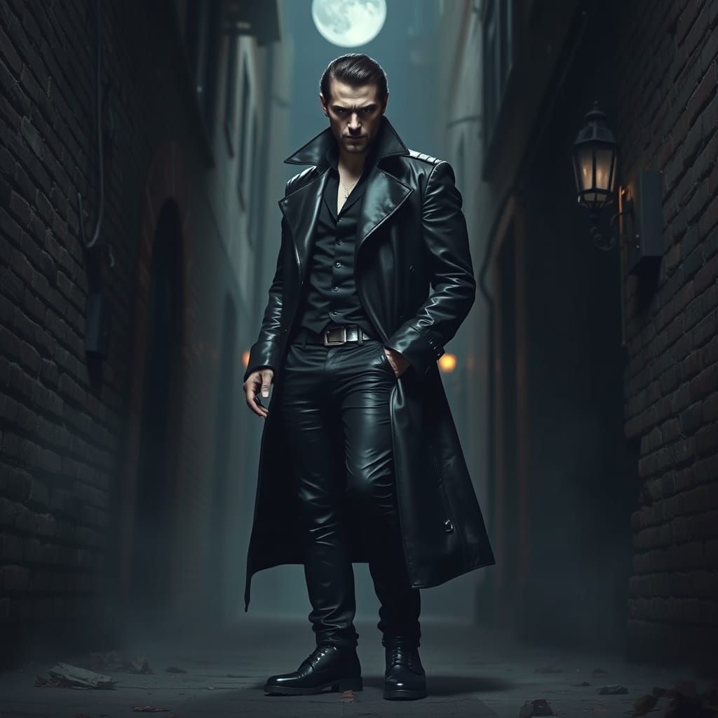 Dark Vampire Emerges from Shadows in Gothic Alleyway