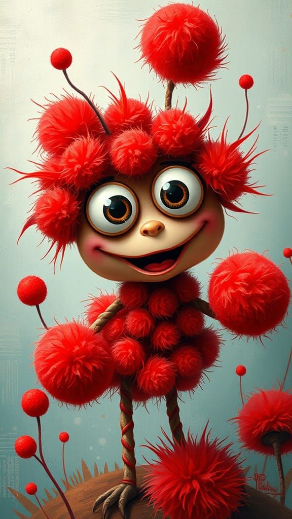 Whimsical Pom Pom Creature with Big Shiny Eyes