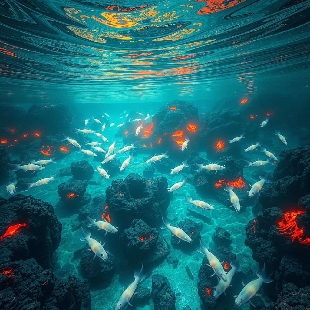 Ethereal Volcanic Beach Scene: Bioluminescent Creatures in a...