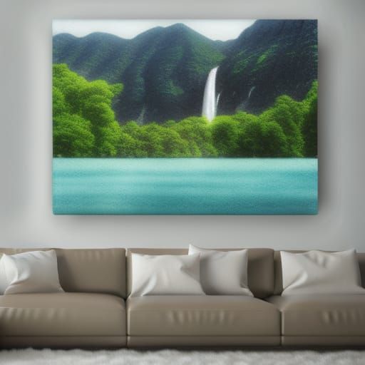 Pastel Waterfall and Mountain Landscape