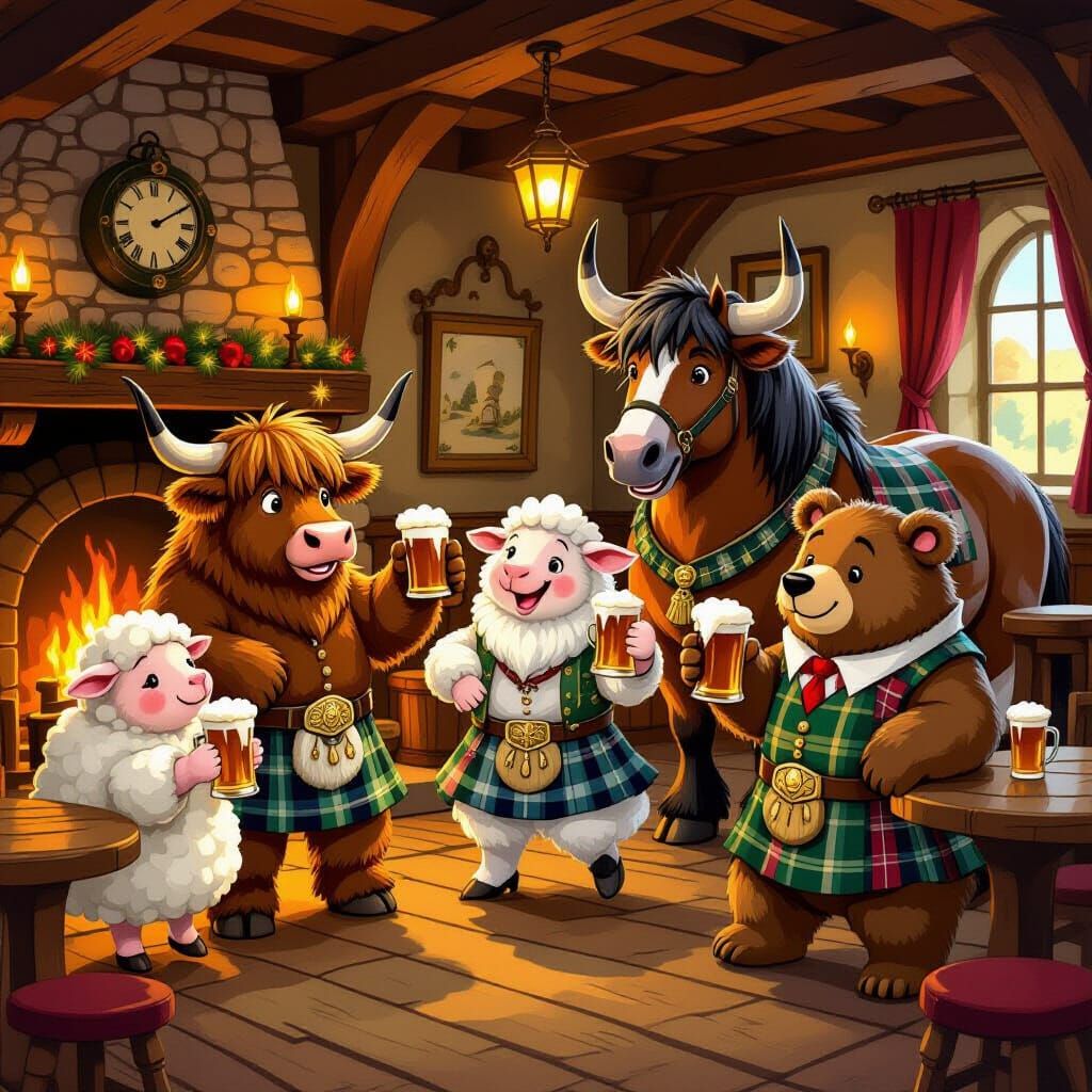 Animals Celebrate in a Cozy Pub
