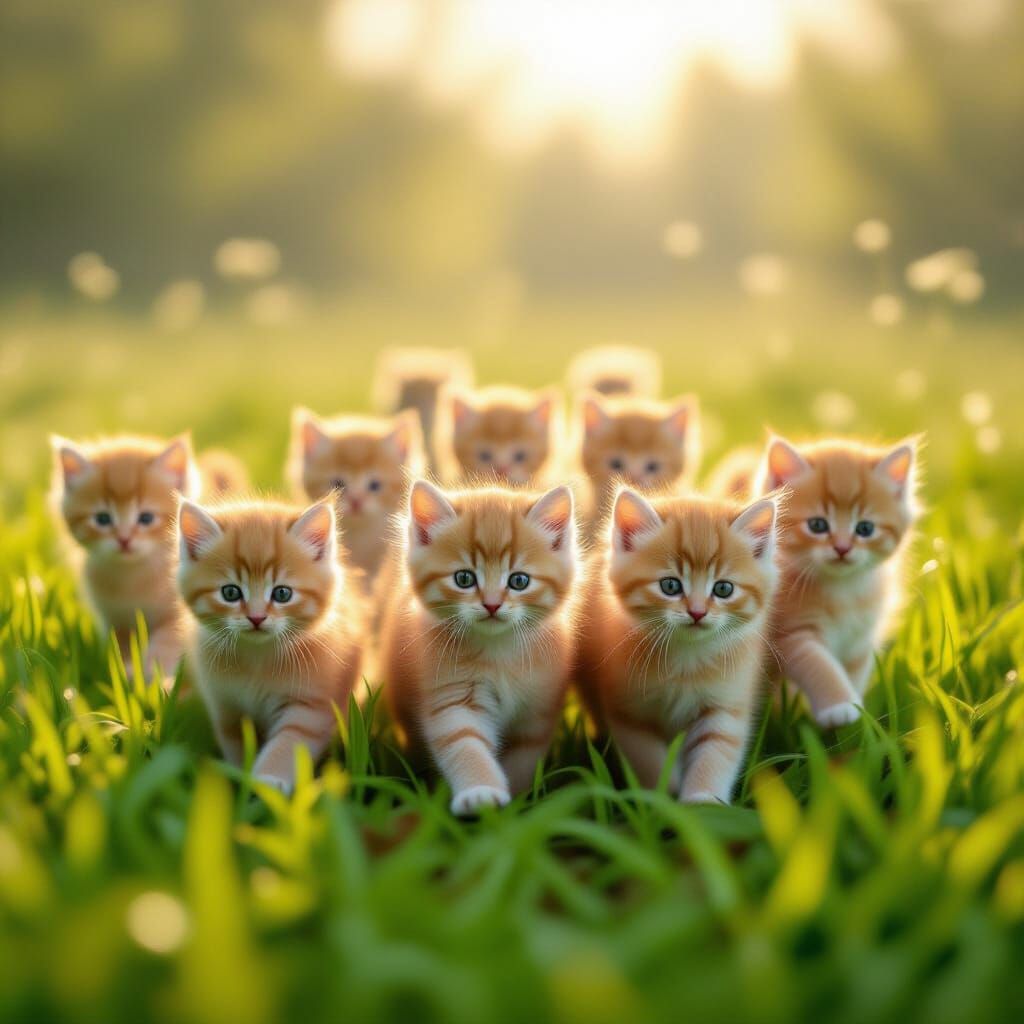 Fluffy Kittens on Vibrant Green Grass in Ethereal Light