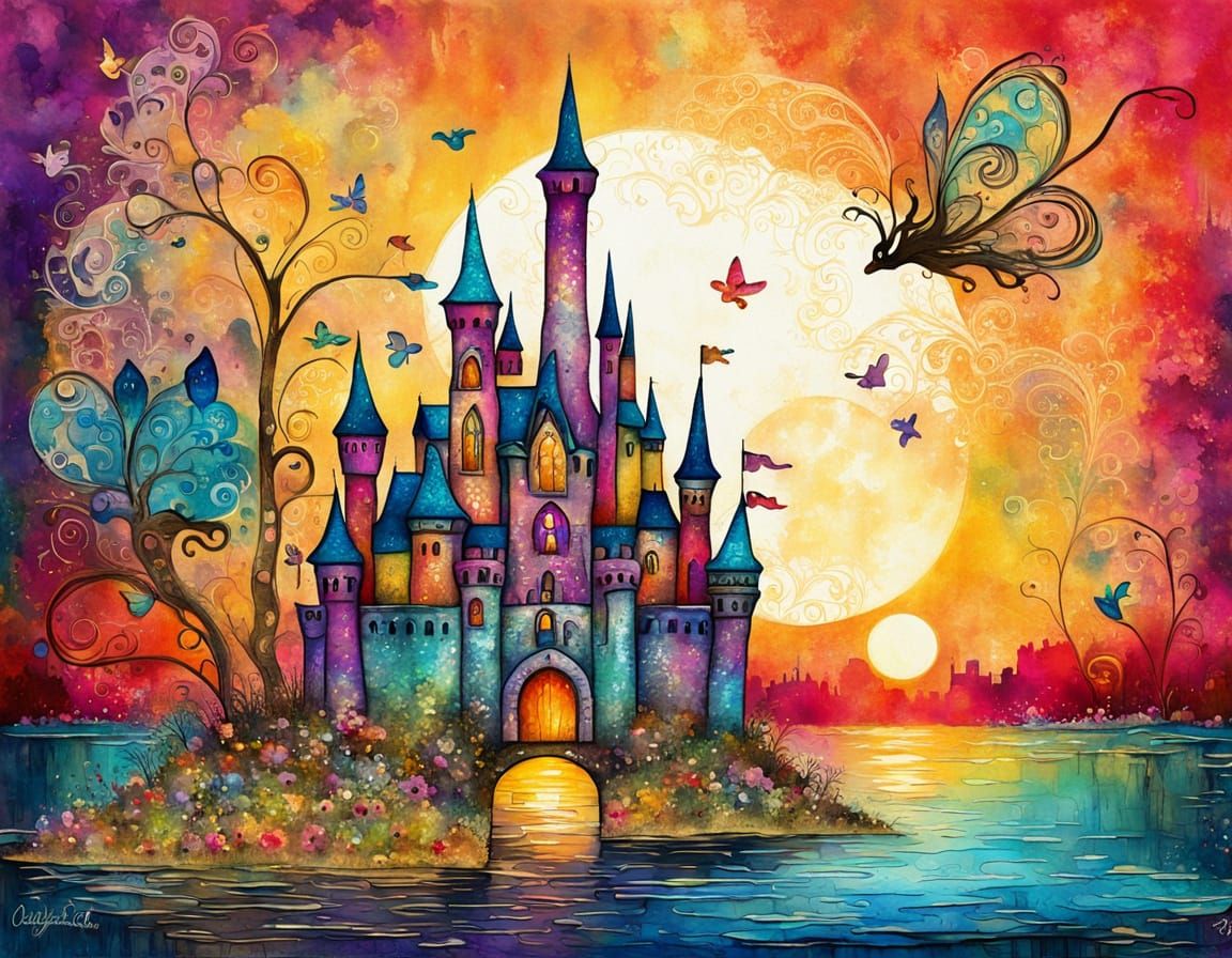 Mouse Holds Miniature Fairytale Castle at Sunset