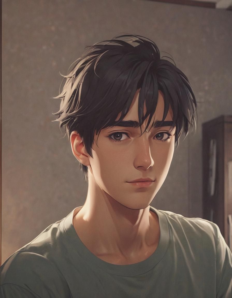 Empathetic Young Man in Anime Style Apartment