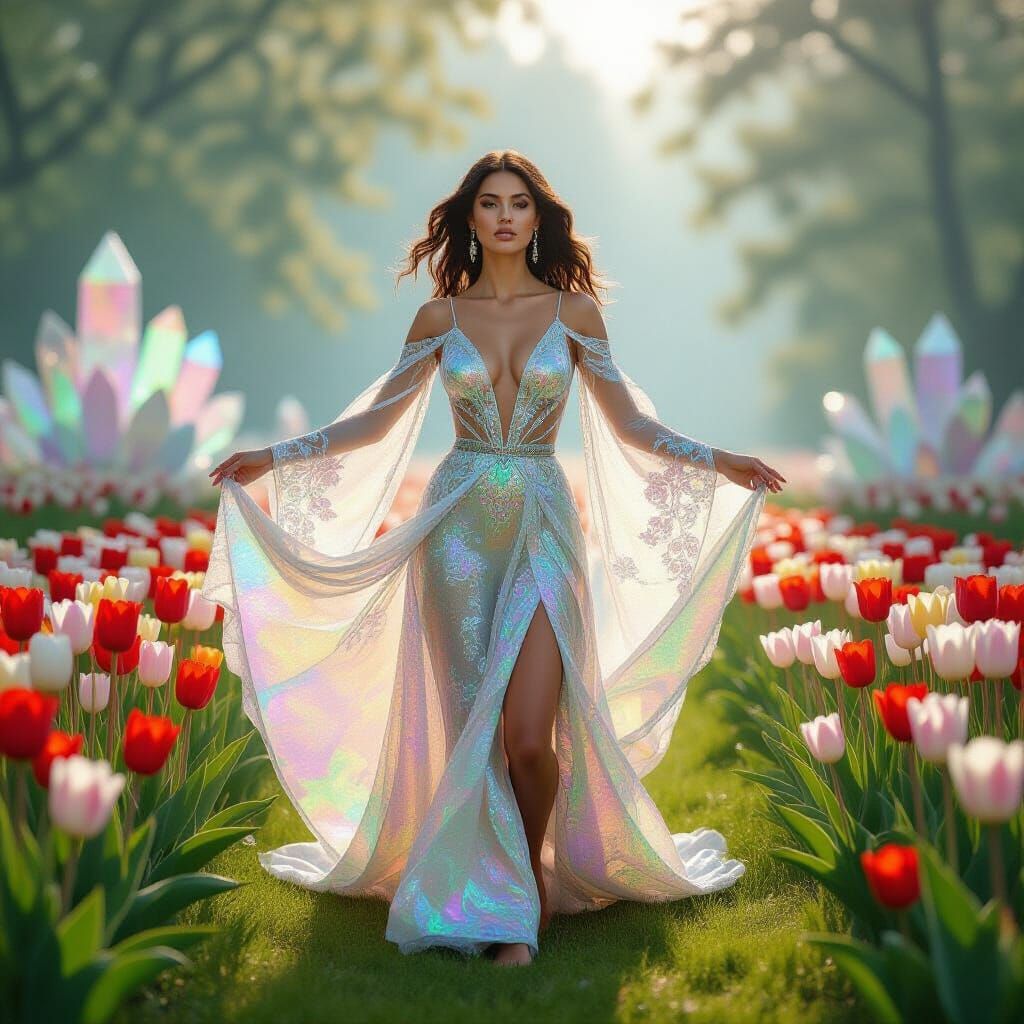 Iridescent Aura: Woman in Tulip Field, Art Nouveau Style