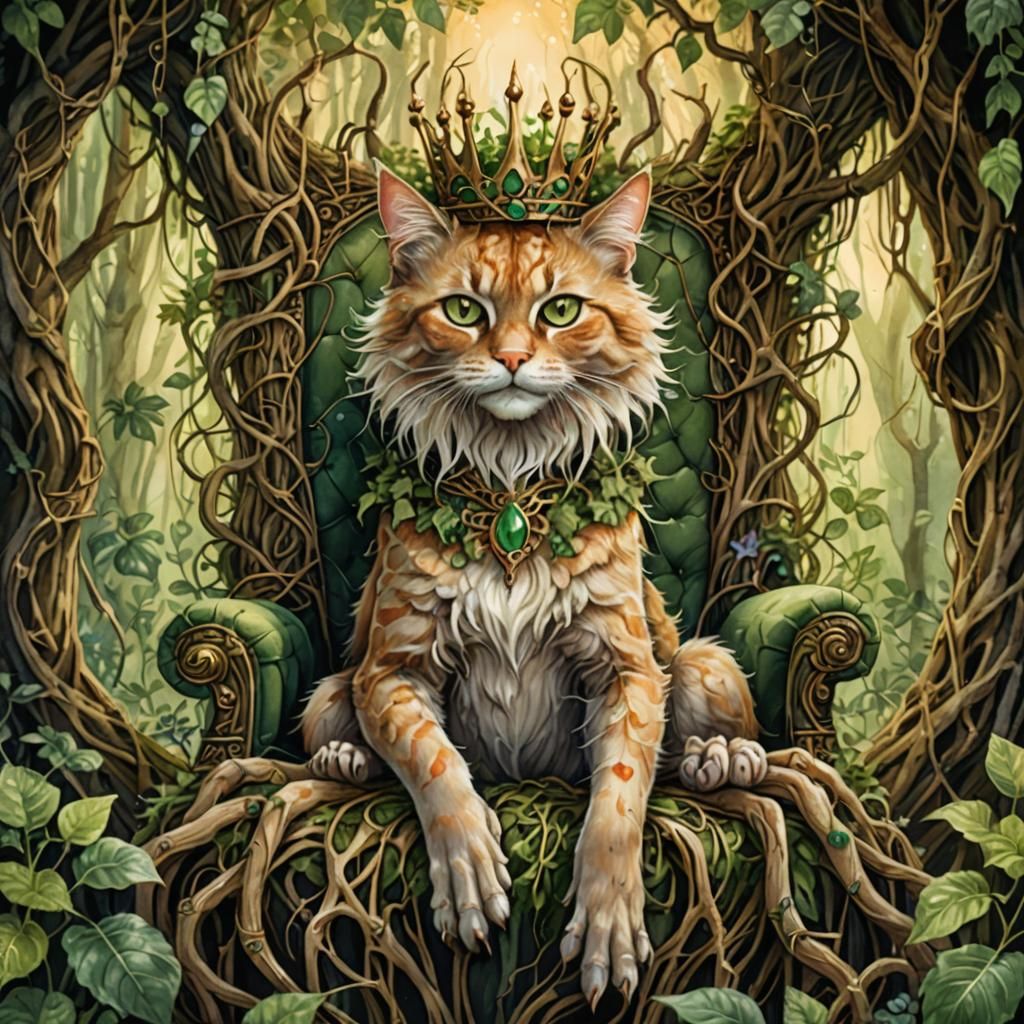 Kitty Spider King on Root Throne: Watercolor Illustration