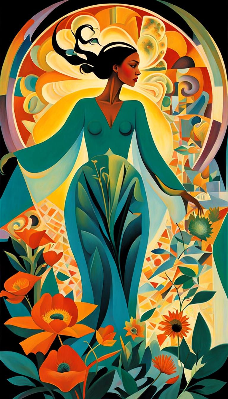 Cyberpunk Goddess Swings Amidst Vibrant, Bioluminescent Gard...