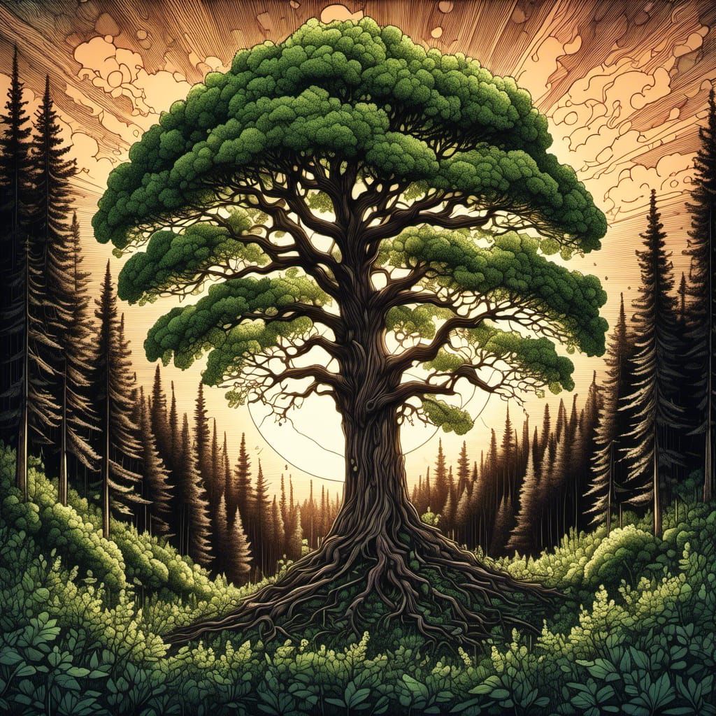 Majestic Tree in Digital Art Style with Ink Outlines
