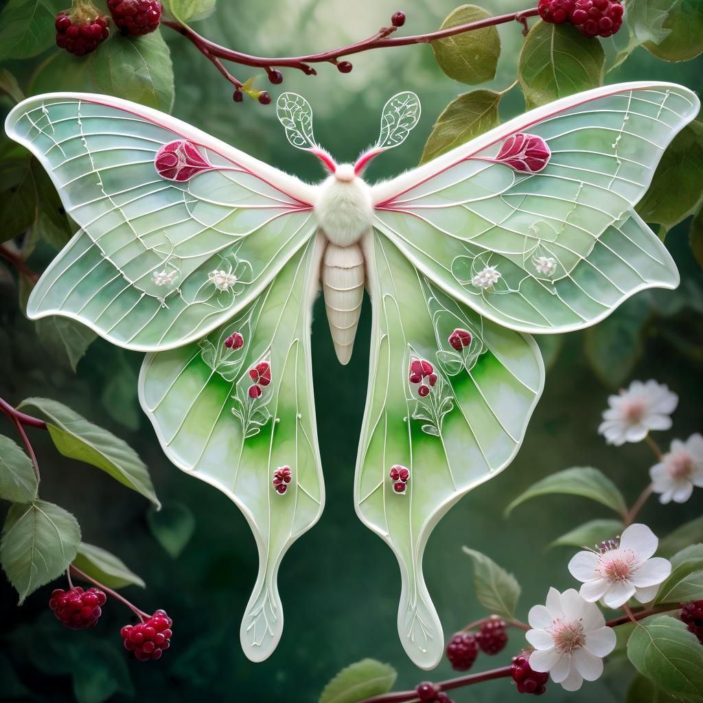 Ethereal Luna Moth Fairy on Berry Branch