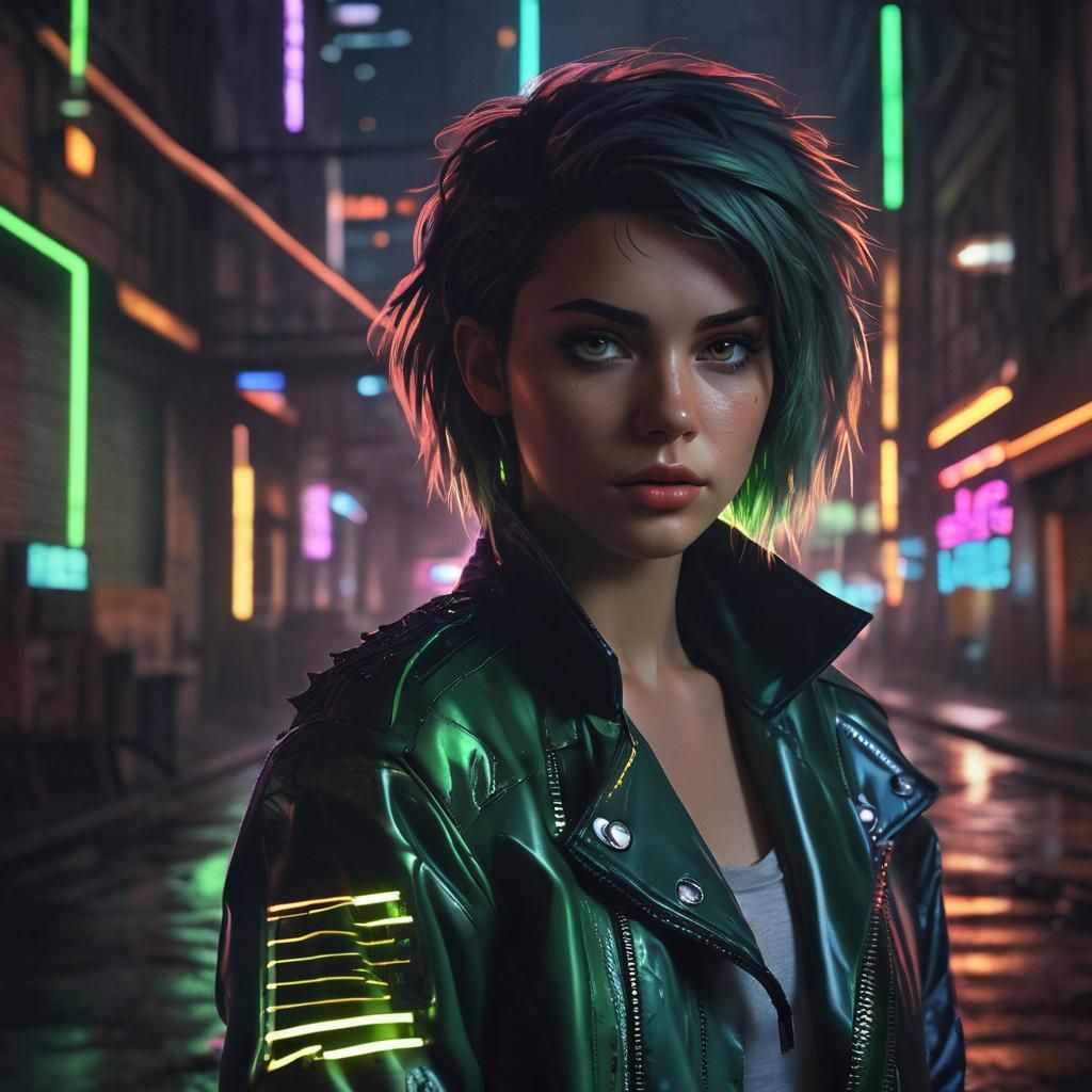 Synthwave Woman in Neon Dystopian Cityscape