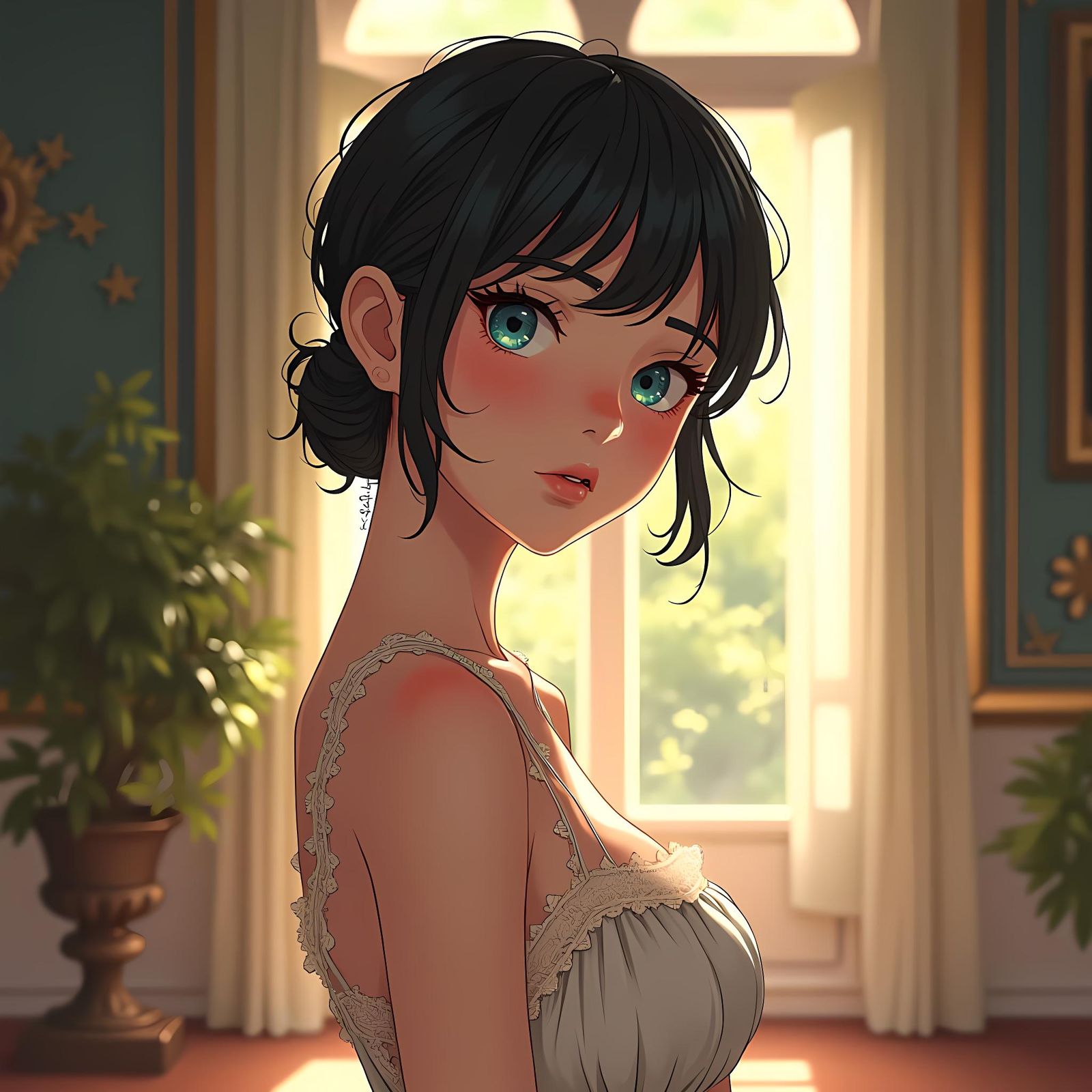 Expressive Anime Woman in Sundress at Mansion