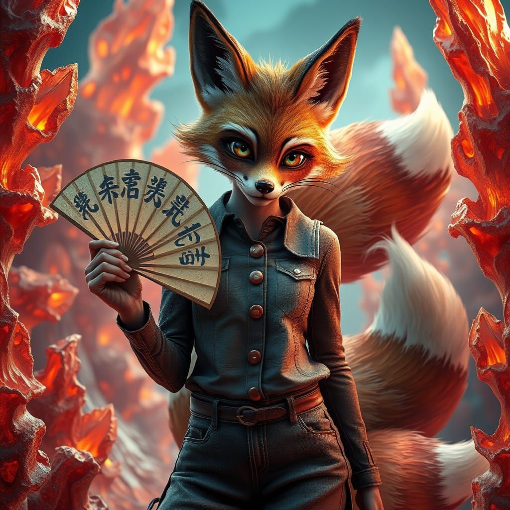 Mystical Kitsune Goddess in Distressed Denim, Holding Elegan...