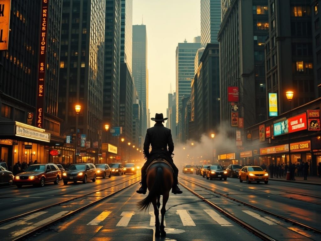 Cowboy Rides Horse in Chicago at Dusk