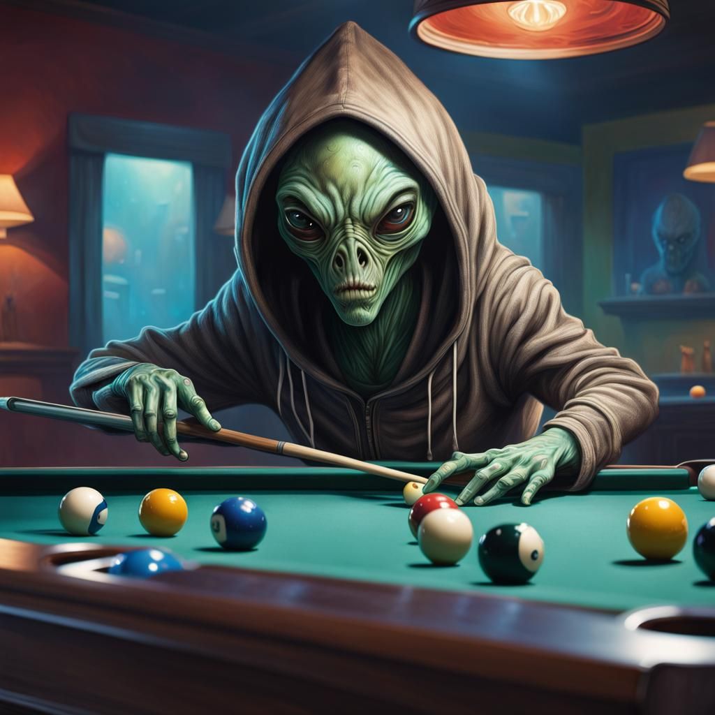 Hyperrealistic Alien Pool Player: Dramatic Concept Art