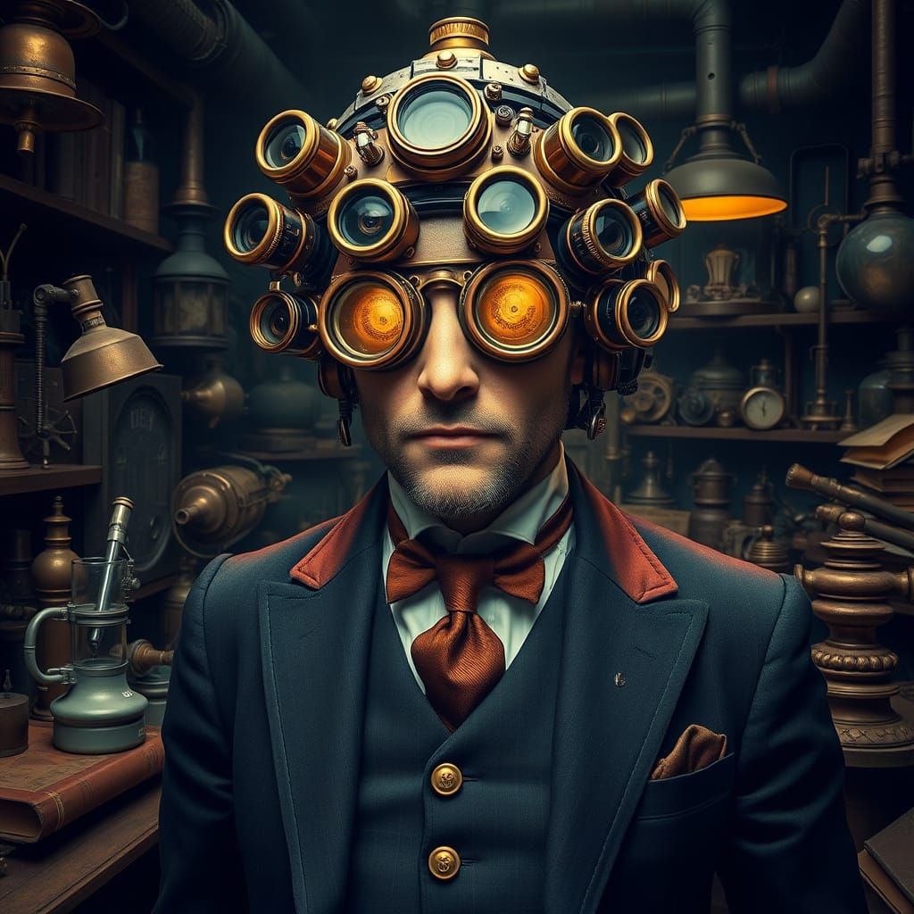 Steampunk Gentleman Examines Microscopic World with Advanced...
