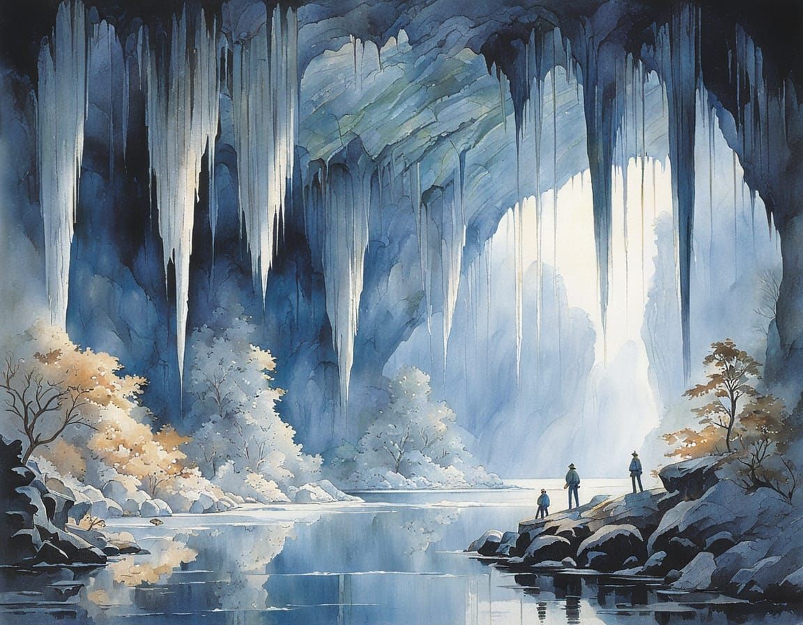 Boys Explore Glittering Stalactite Cave Lake