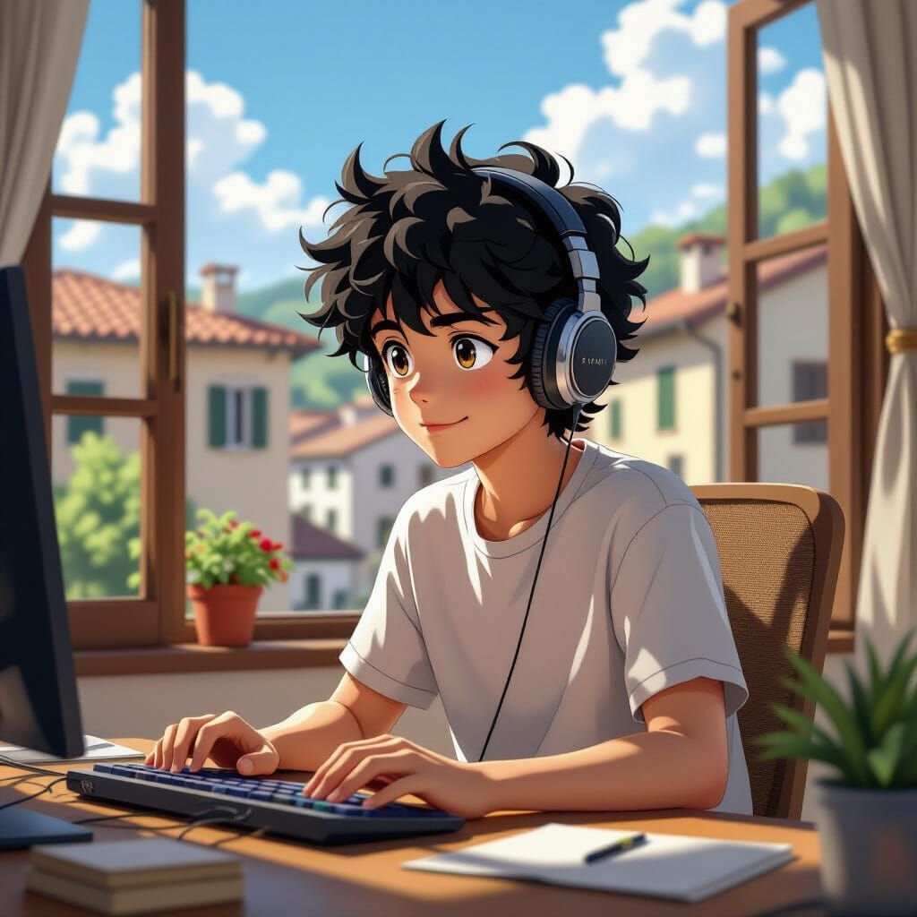 Italian Boy Gaming, Studio Ghibli-Style Illustration