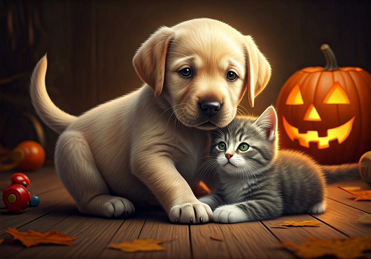 Puppy and Kitten Play Fight in Autumnal Scene