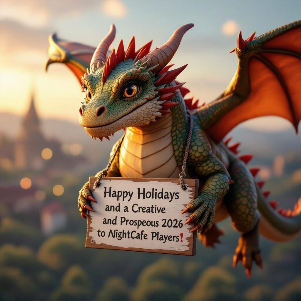 Friendly Dragon Flies With Holiday Wishes in Golden Hour Lig...