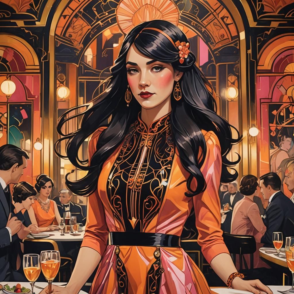 Jugendstil Girl at Christmas Dinner in Art Deco Hotel