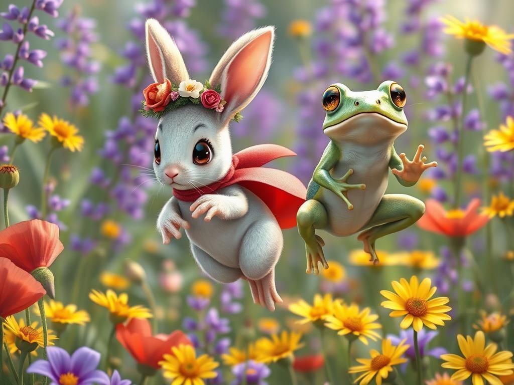 Rabbit and Frog Jumping Competition in Wildflower Meadow