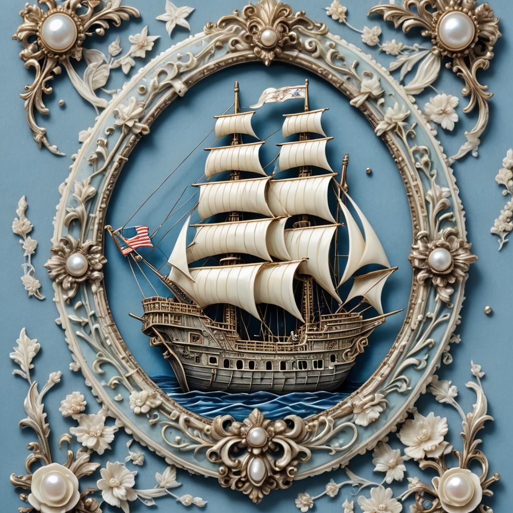 Antique Rococo Flag Ship Brooch in Monet Style