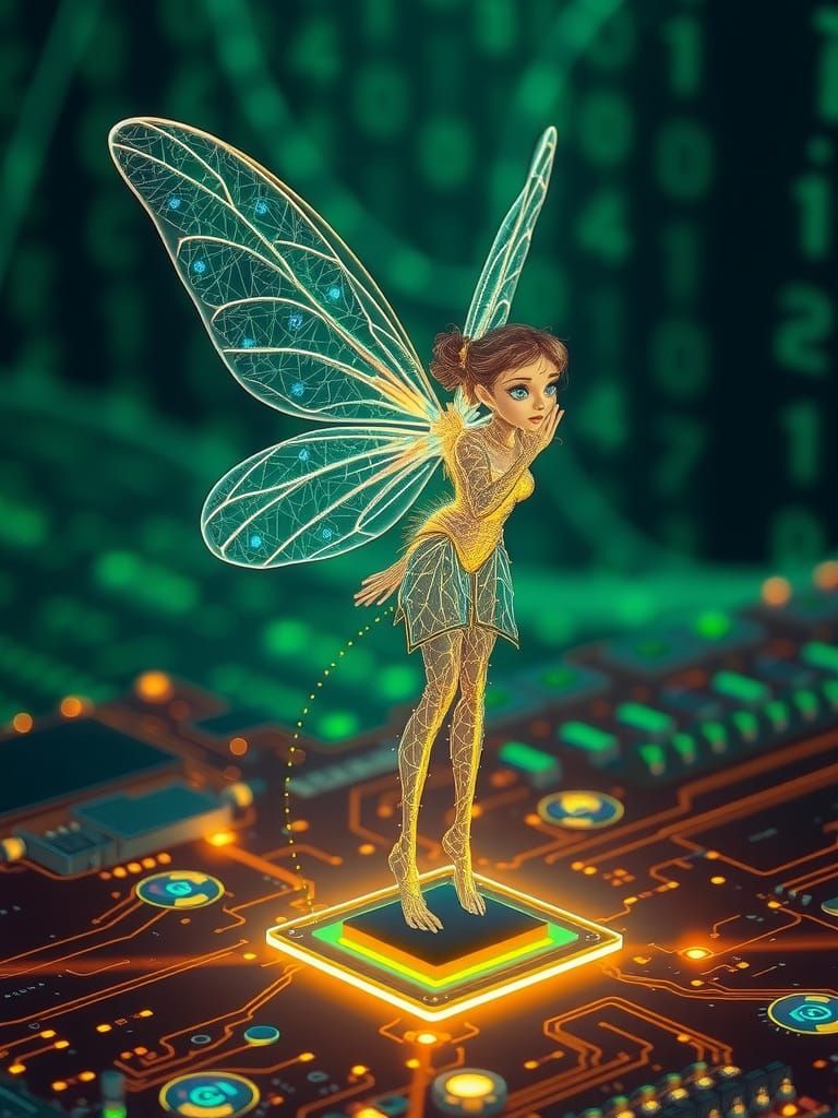 Ethereal Digital Fairy with Circuit Wings