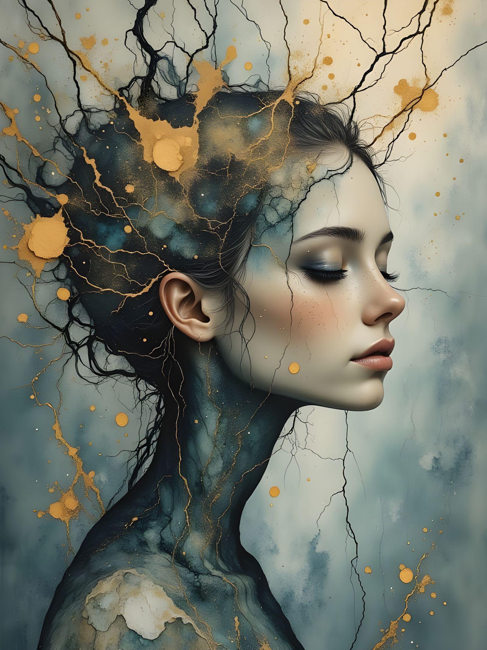 Soulful Portrait in Soft Macabre Surrealism with Filigree an...
