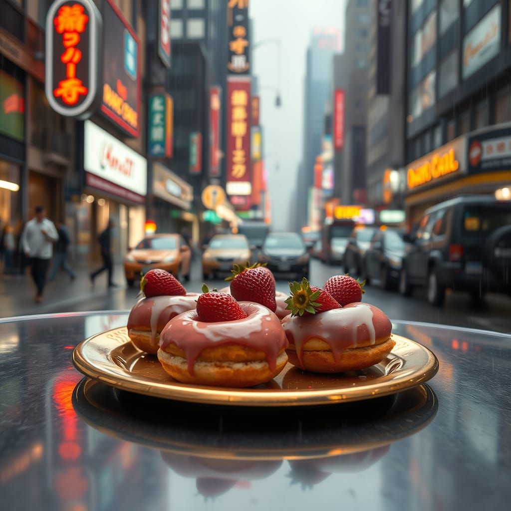 Strawberry Donuts on a Gold Plate in Cyberpunk City Rain
